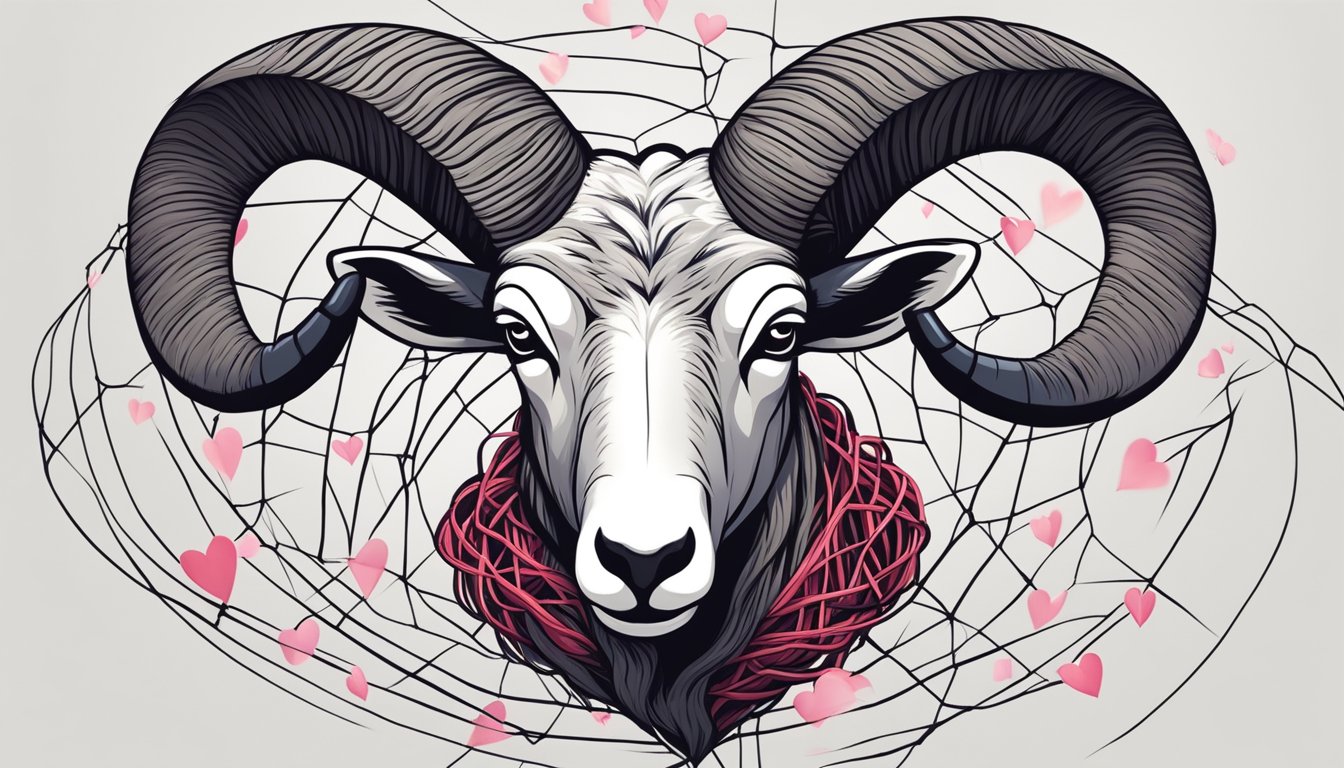 A ram charges into a tangled web of broken hearts, symbolizing the impulsive nature of Aries in relationships