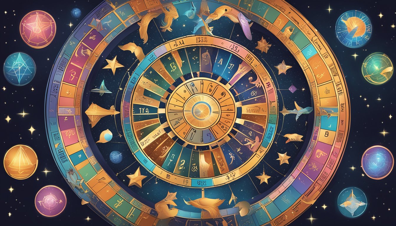 A colorful zodiac wheel with 12 signs, each connected by lines indicating compatibility.</p><p>Sparkling stars and celestial symbols surround the wheel, highlighting the influence of each sign on relationship failures