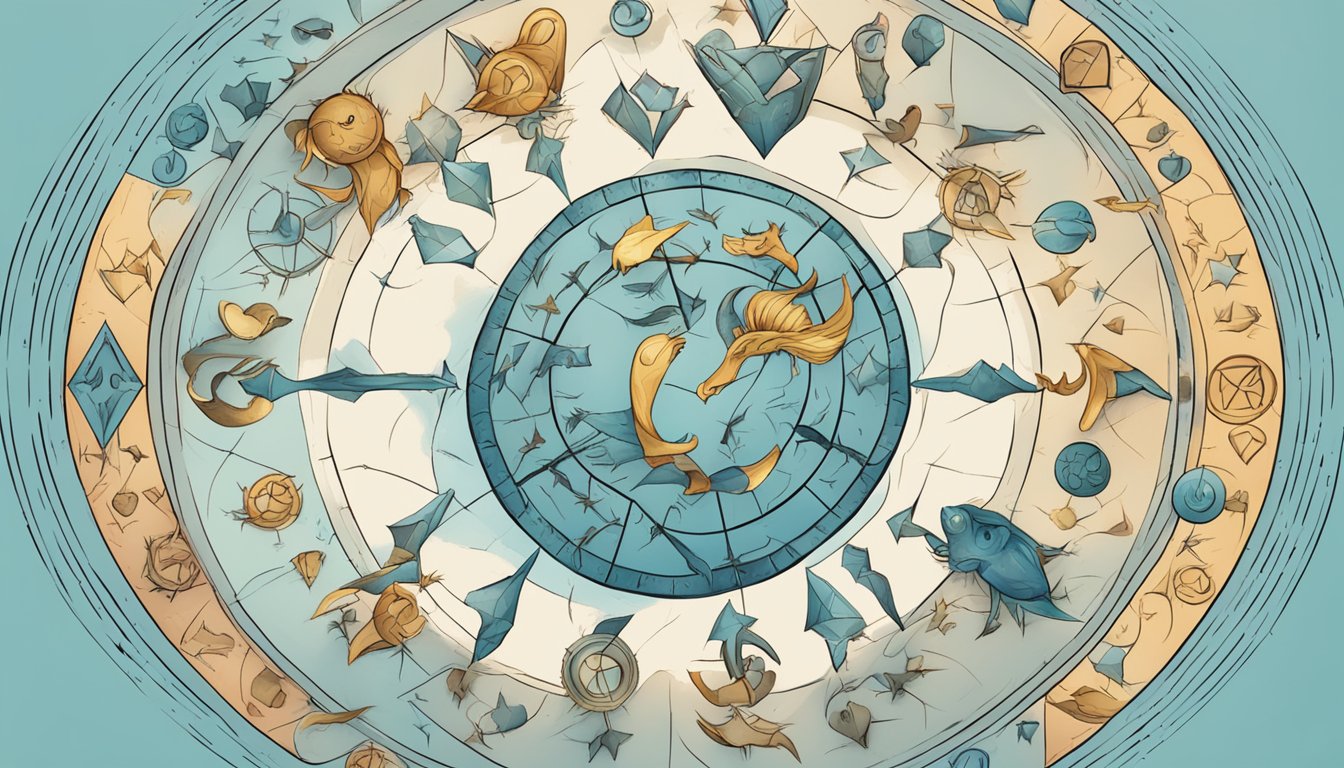 A circle of zodiac symbols with broken heart motifs, each sign representing a unique relationship challenge