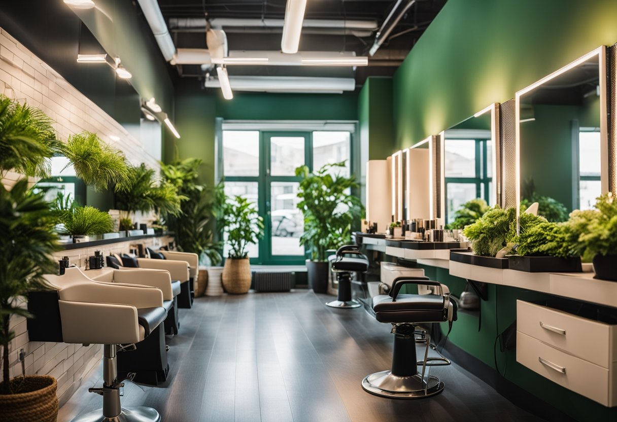 A salon with eco-friendly practices: no aluminum foil, reusable tools, and green decor