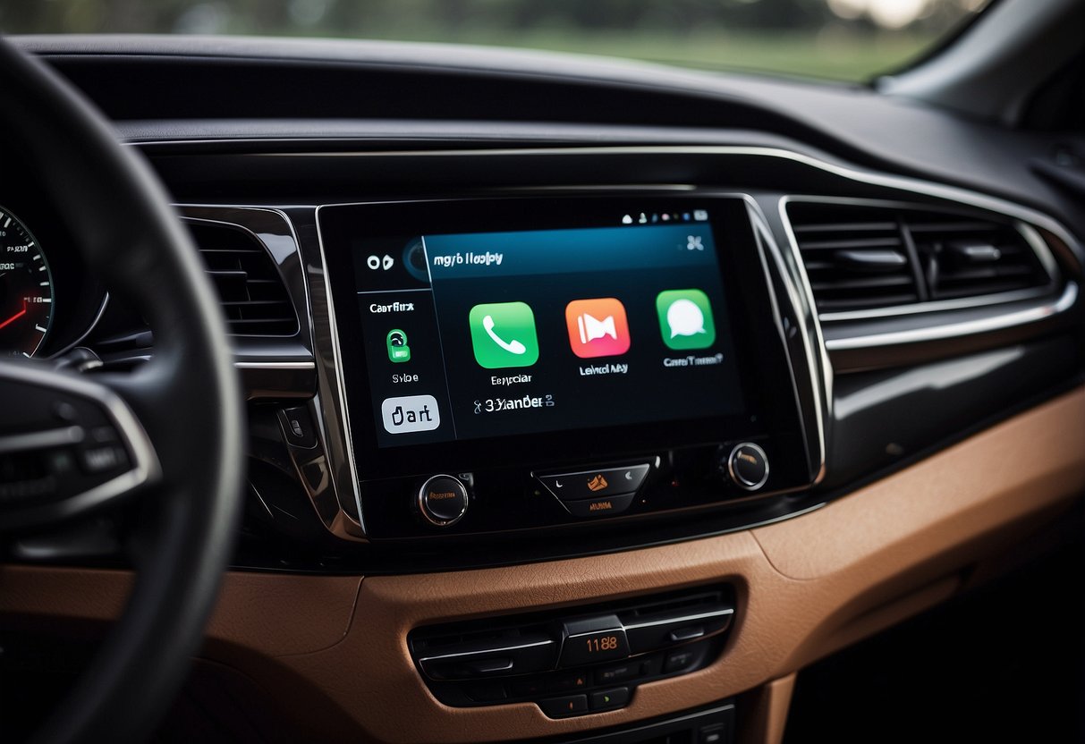 An empty car interior with a dashboard display showing a "Apple CarPlay Not Working" error message