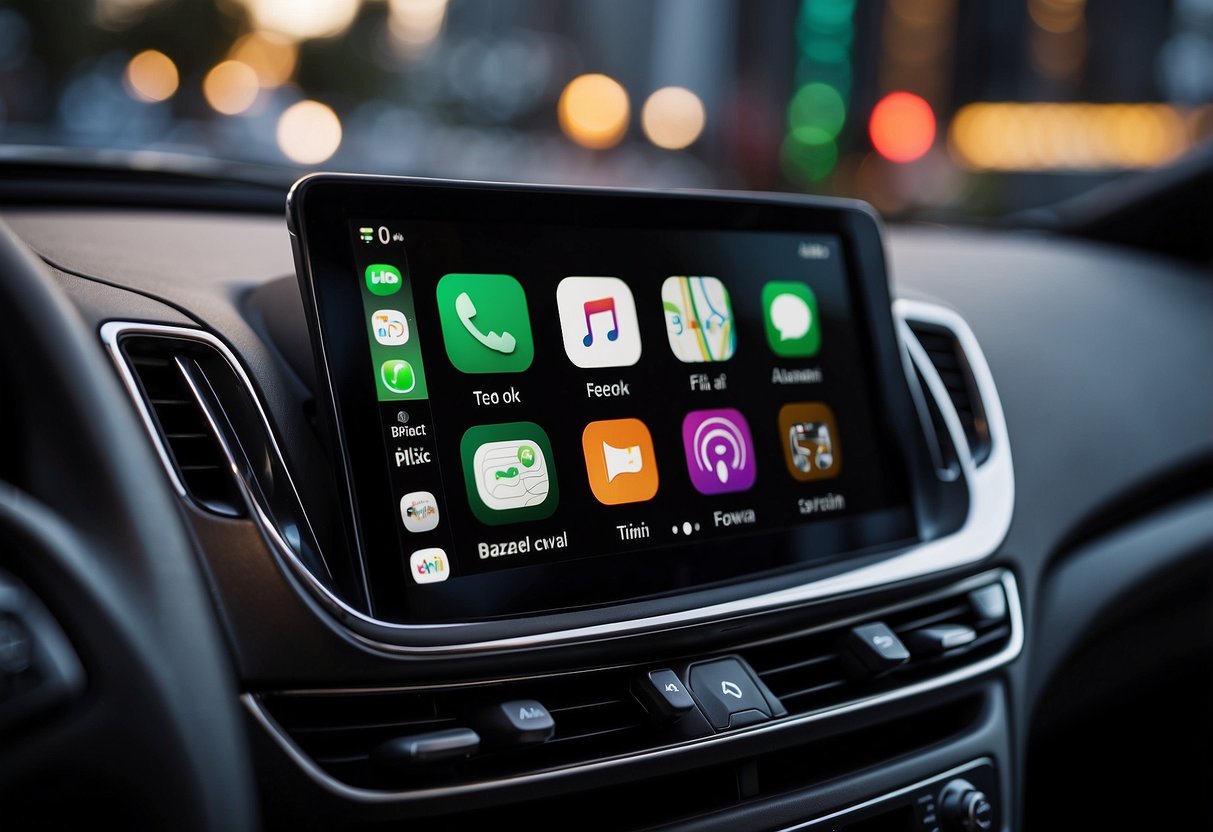 Various apps displayed on a car's infotainment screen with the Apple CarPlay interface, including music, navigation, messaging, and podcast apps