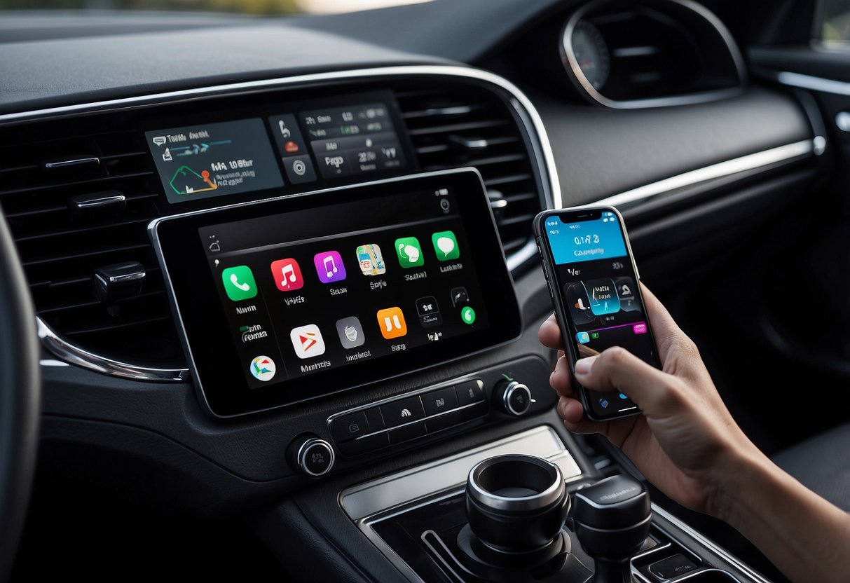 A car dashboard with a smartphone connected to a wireless Apple CarPlay adapter, displaying various app icons and a sleek, modern design