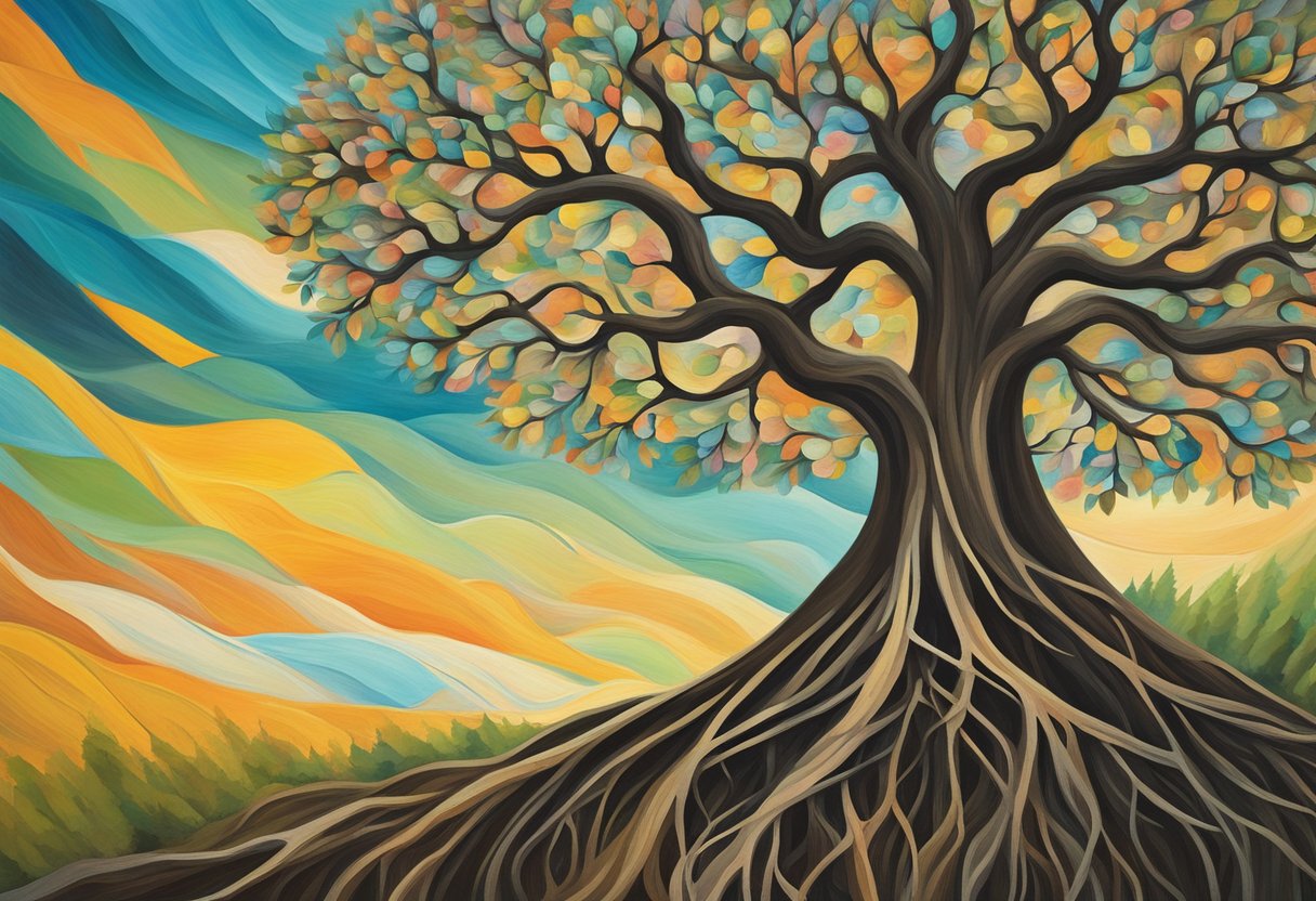 A vibrant tree grows from a foundation of tangled roots, symbolizing the resilience and growth of a cancer thriver's legacy