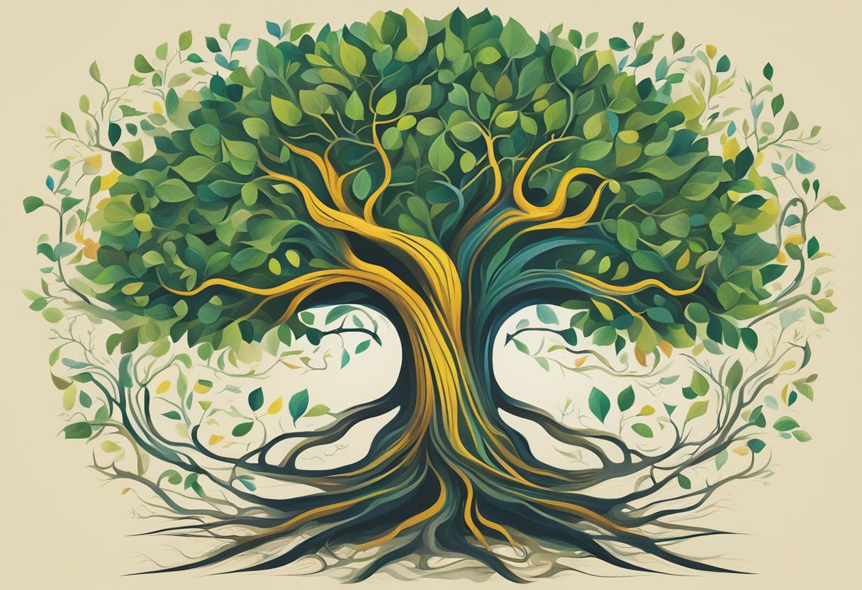A tree with strong roots and vibrant leaves, surrounded by symbols of growth and resilience