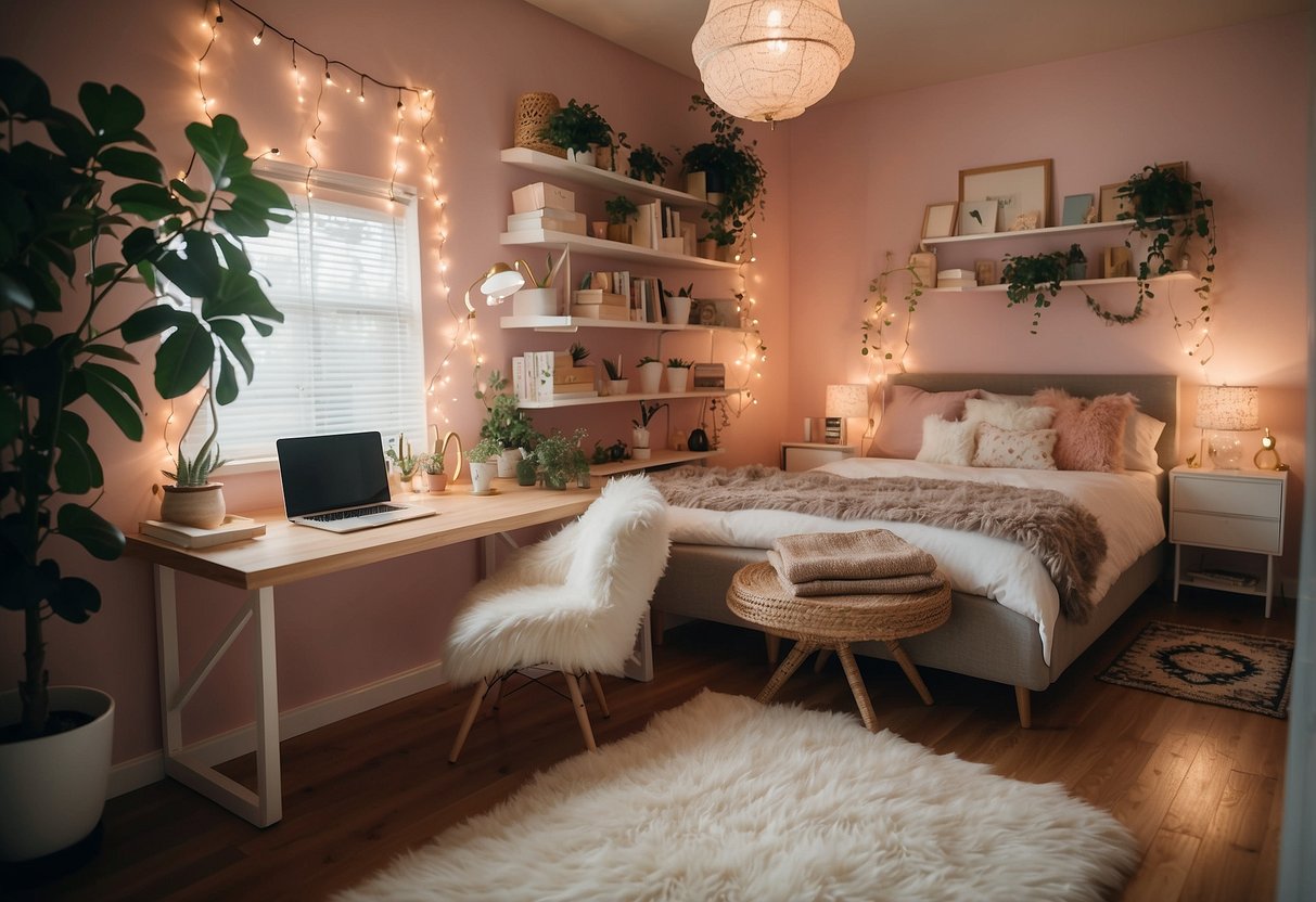 A cozy bedroom with pastel walls, a canopy bed, and string lights. A desk with a stack of books and a plush rug. Shelves with plants and framed artwork