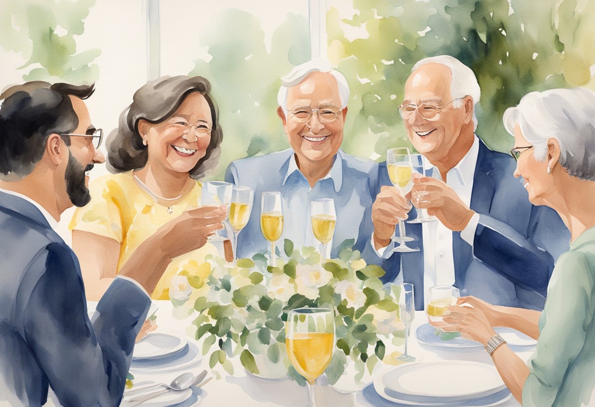 Family members raise glasses, smiling and laughing, as they give heartfelt toasts to celebrate their parents' 60th wedding anniversary