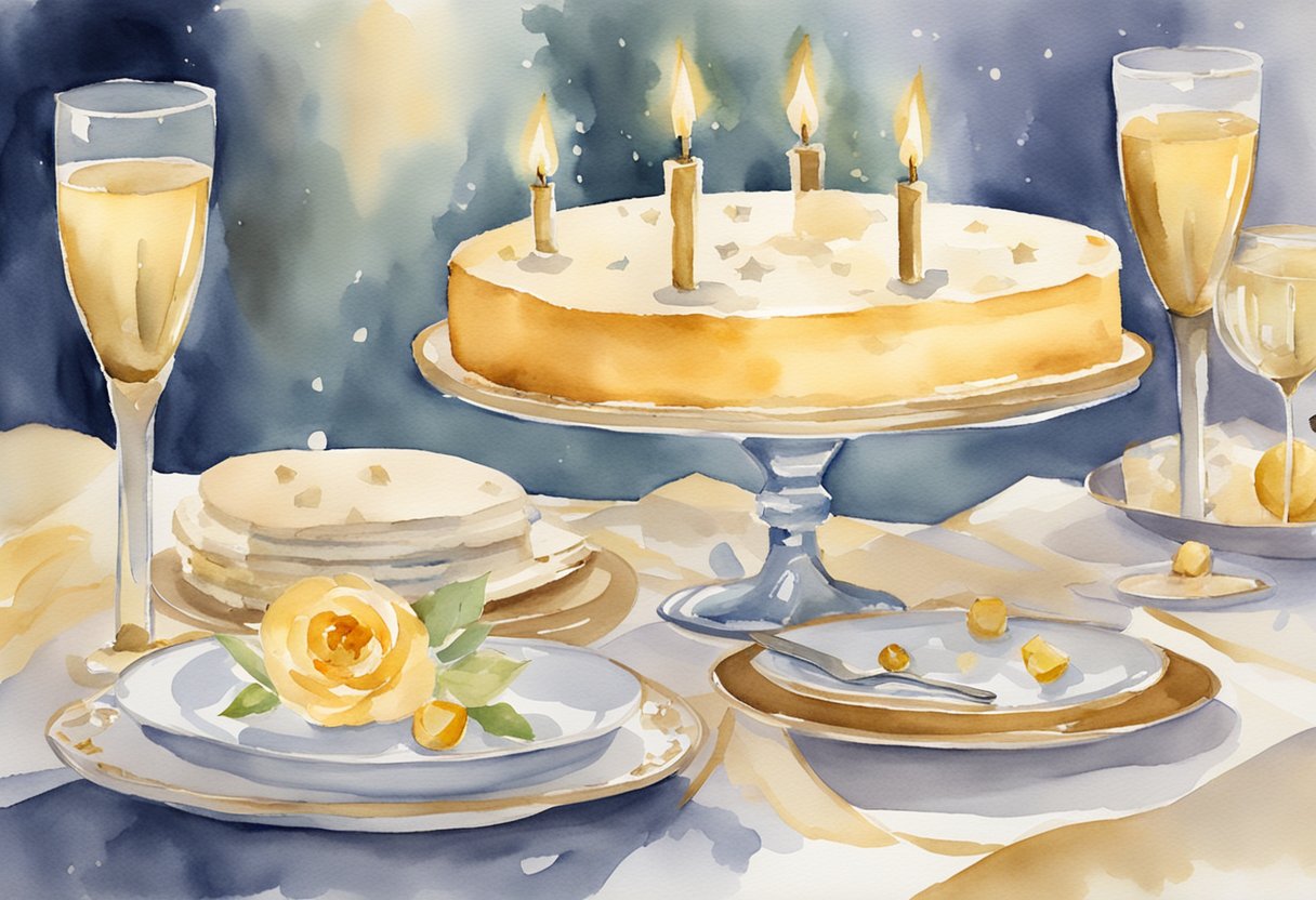 A beautifully decorated table with a centerpiece of a diamond-shaped 60th anniversary cake surrounded by golden candles and a pair of champagne flutes