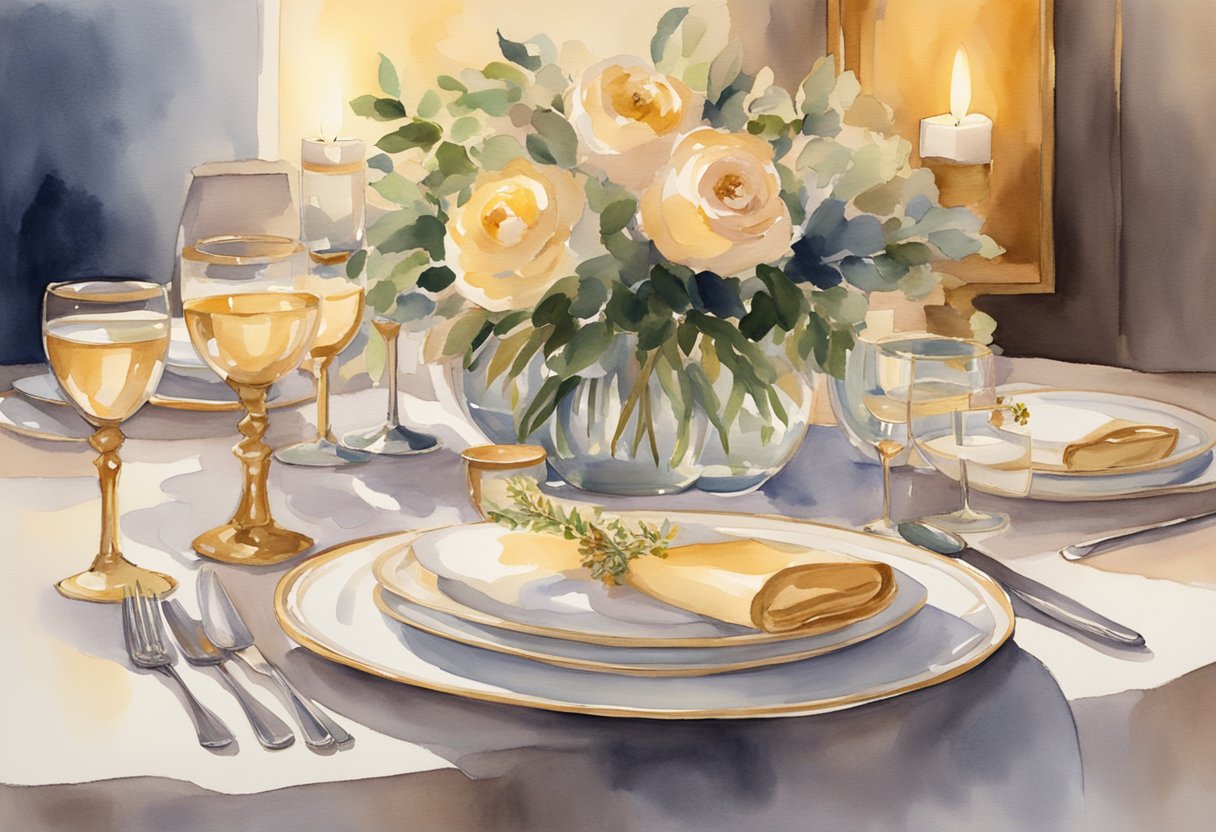 A table set with elegant dinnerware, adorned with golden accents and a bouquet of fresh flowers. A vintage photo album and a bottle of champagne sit at the center, surrounded by the warm glow of candlelight