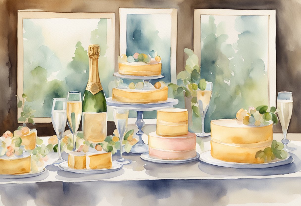 A table set with champagne flutes, a tiered cake, and framed photos. A warm, celebratory atmosphere with laughter and heartfelt toasts