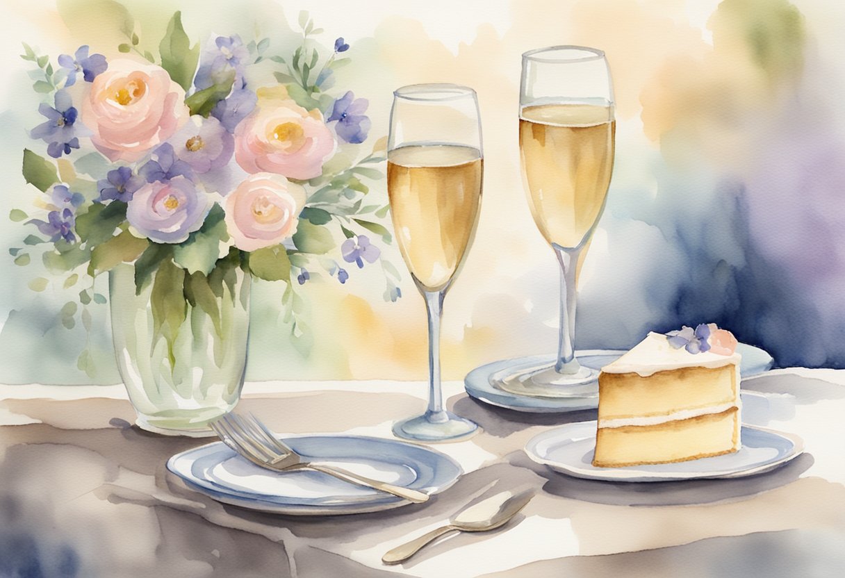 A table set with champagne flutes, a beautifully decorated cake, and a handwritten note of well-wishes for a 60th wedding anniversary celebration