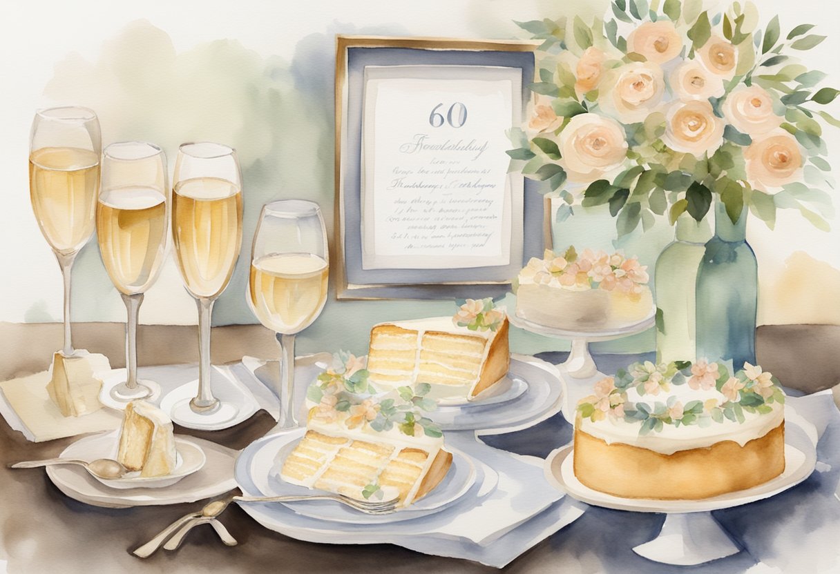 A table set with champagne flutes and a beautifully decorated cake, surrounded by family photos and a handwritten toast for the 60th wedding anniversary celebration