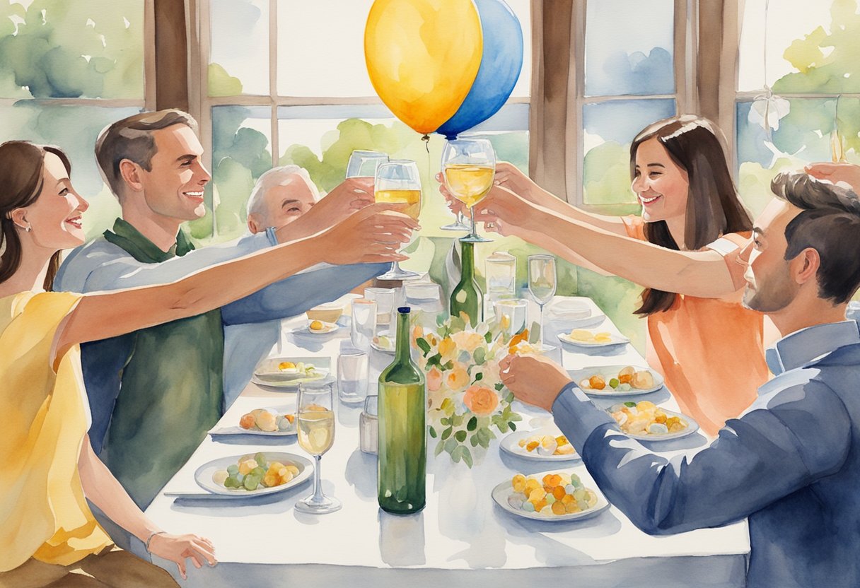 A couple's hands clasping over a table, surrounded by family and friends raising their glasses in a toast. A large "60" balloon floats in the background