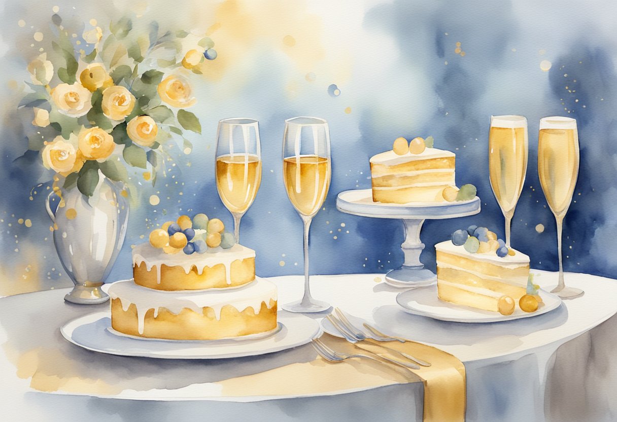 A table set with elegant decorations, champagne glasses raised in a toast, a beautiful cake with "60th Anniversary" written in gold lettering