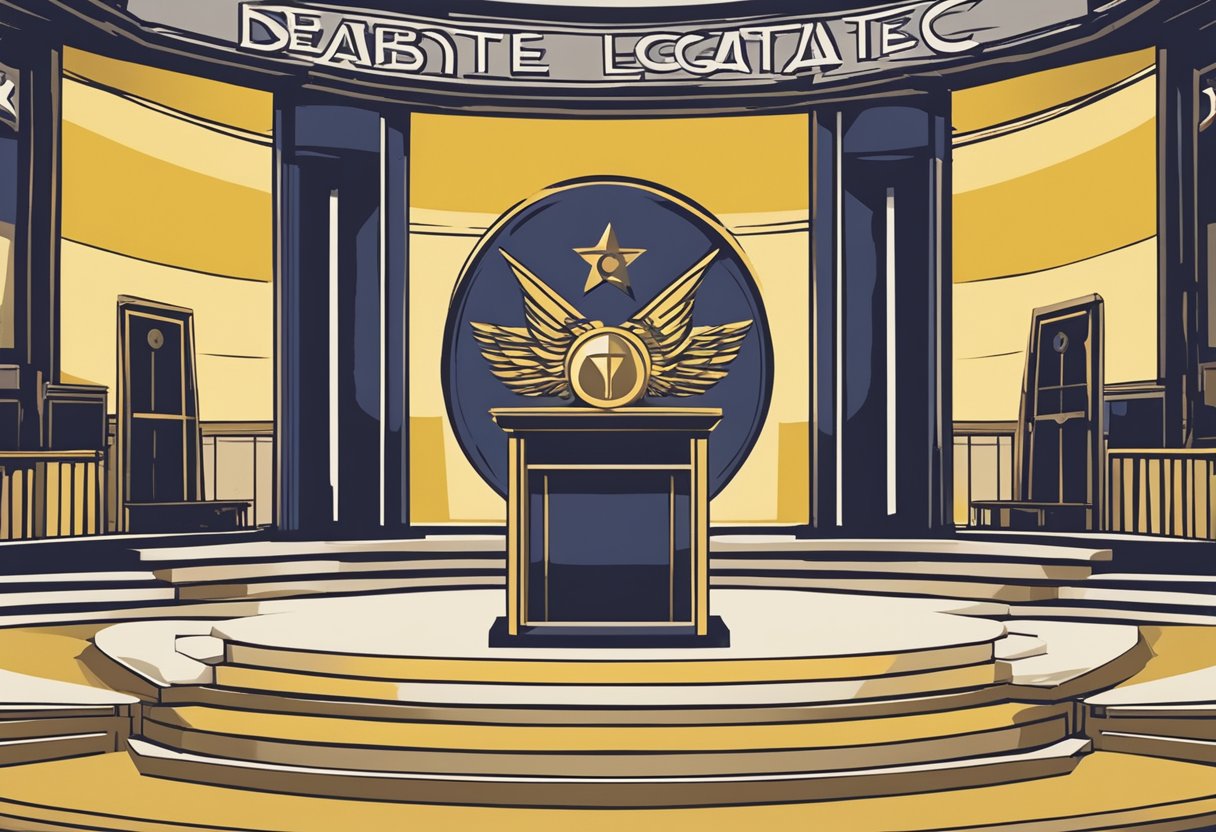 A podium stands center stage, flanked by two opposing sides. A spotlight illuminates the words "Debate Legacy Creation" while a cancer ribbon symbol hovers above