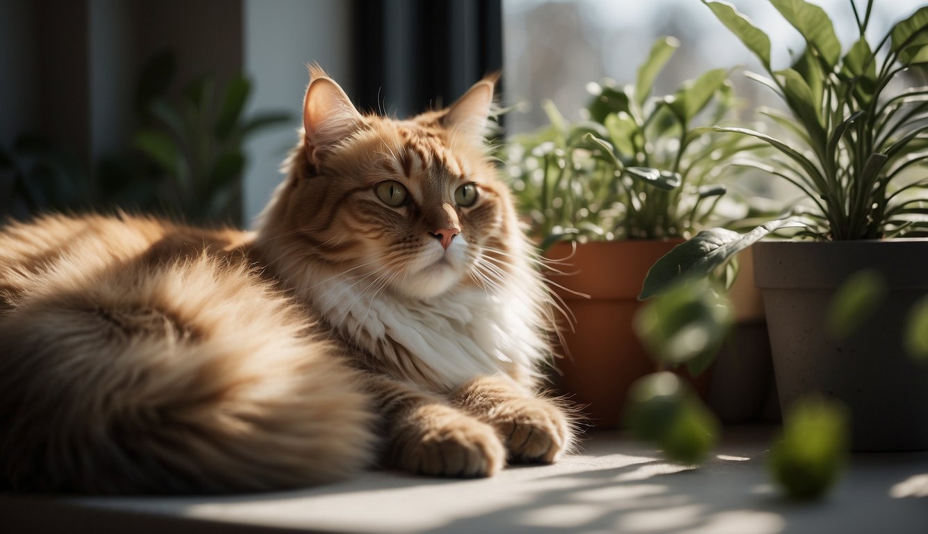 A fluffy, sleek cat lounges on a sunlit windowsill, surrounded by plants and soft blankets. Its gentle gaze reflects its calm and hypoallergenic nature