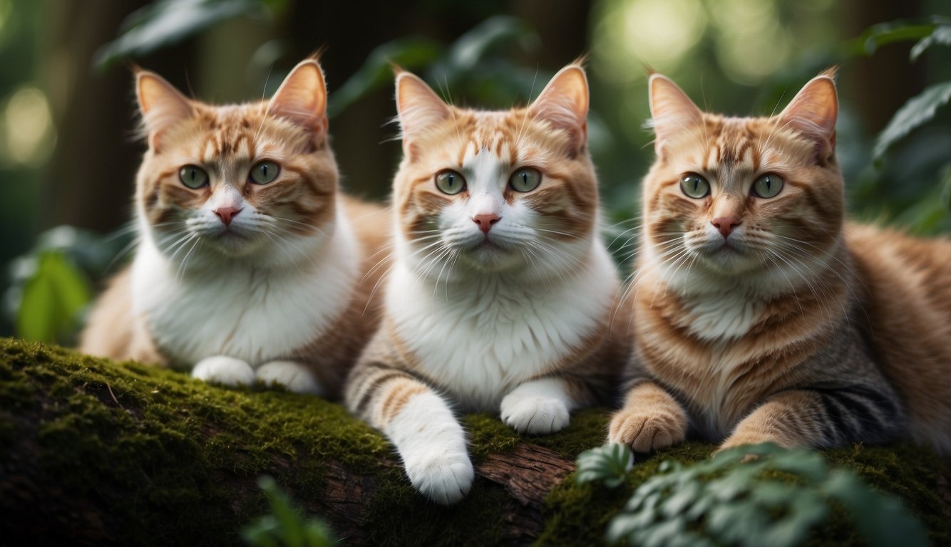 A group of hypoallergenic cats with vibrant fur and sparkling eyes lounging in a lush, enchanted forest