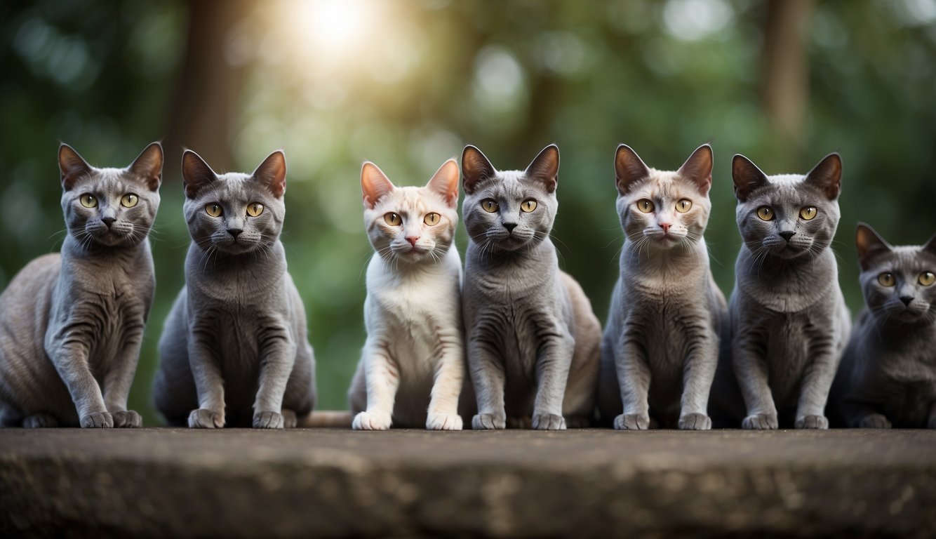 Several hypoallergenic cat breeds sit together, including the Sphynx, Russian Blue, and Balinese, with their distinct features and fur textures
