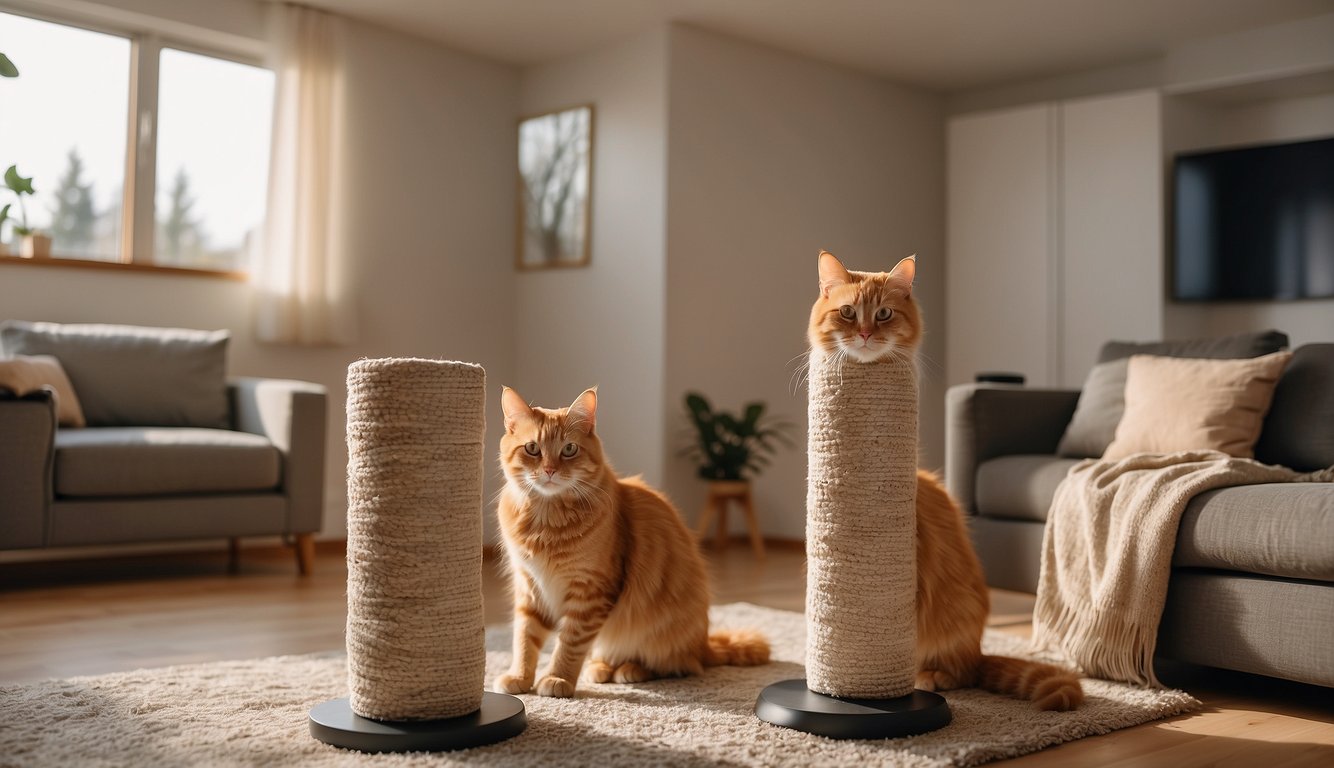 A cozy living room with hypoallergenic cats playing around a large scratching post. Allergy-friendly furniture and air purifiers are strategically placed throughout the space