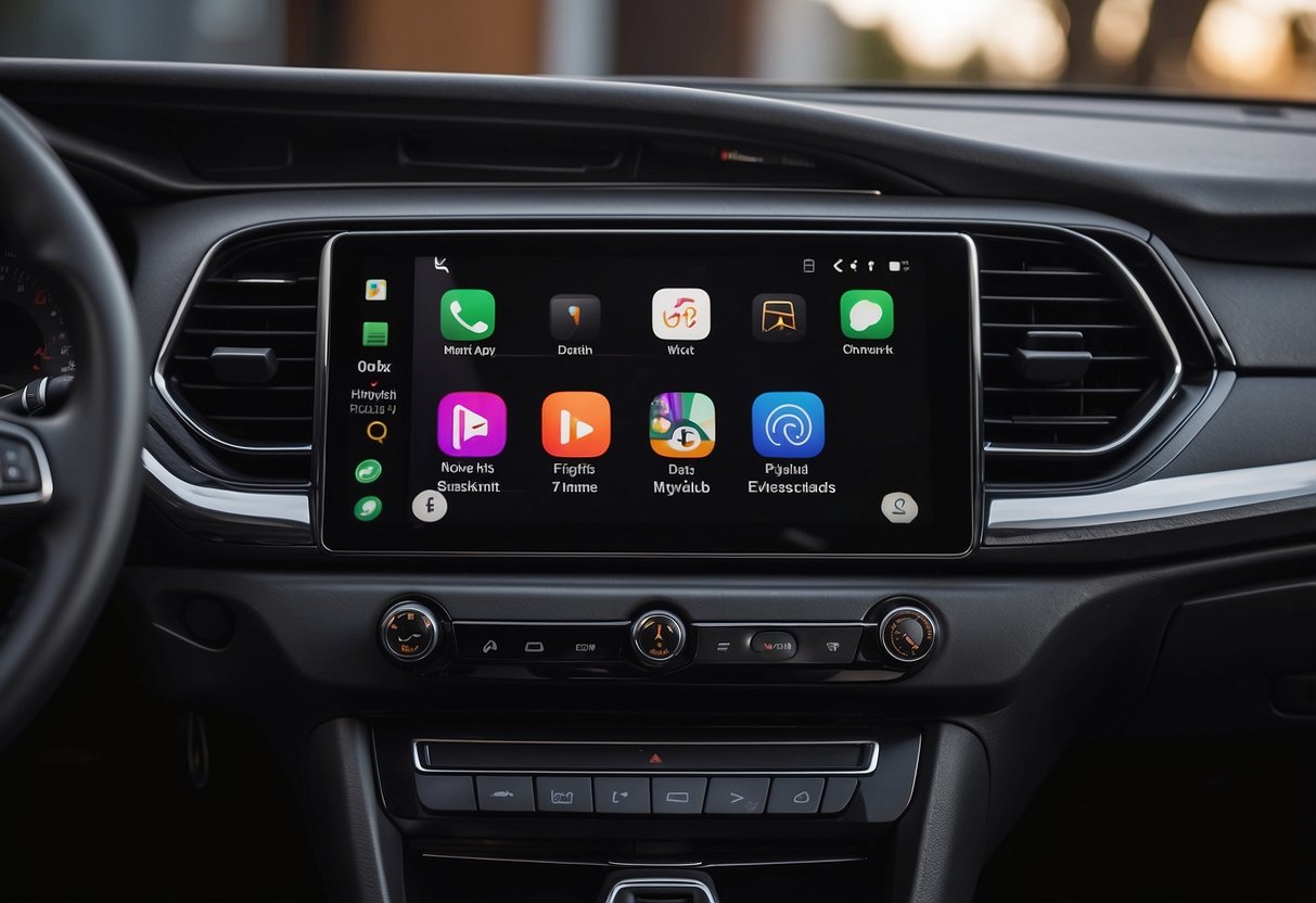 A car dashboard with a sleek, modern single DIN head unit displaying the Apple CarPlay interface, with vibrant colors and clear icons