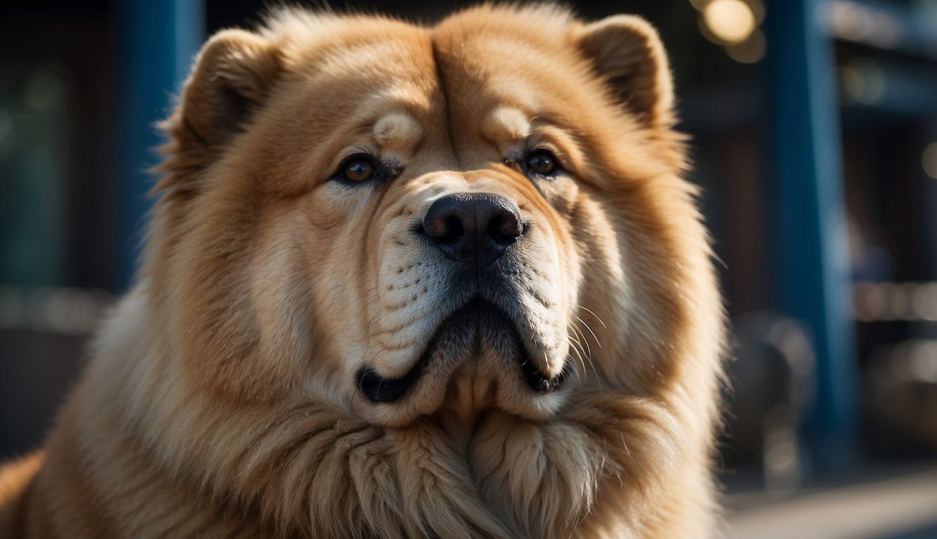 A Chow Chow stands proudly, with its distinctive blue-black tongue and lion-like mane. Behind it, ancient Chinese emperors are depicted, symbolizing the breed's regal history