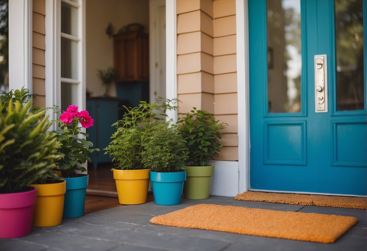 A person paints the front door with a fresh coat of vibrant color, adding a new welcome mat and potted plants for a budget-friendly home renovation project