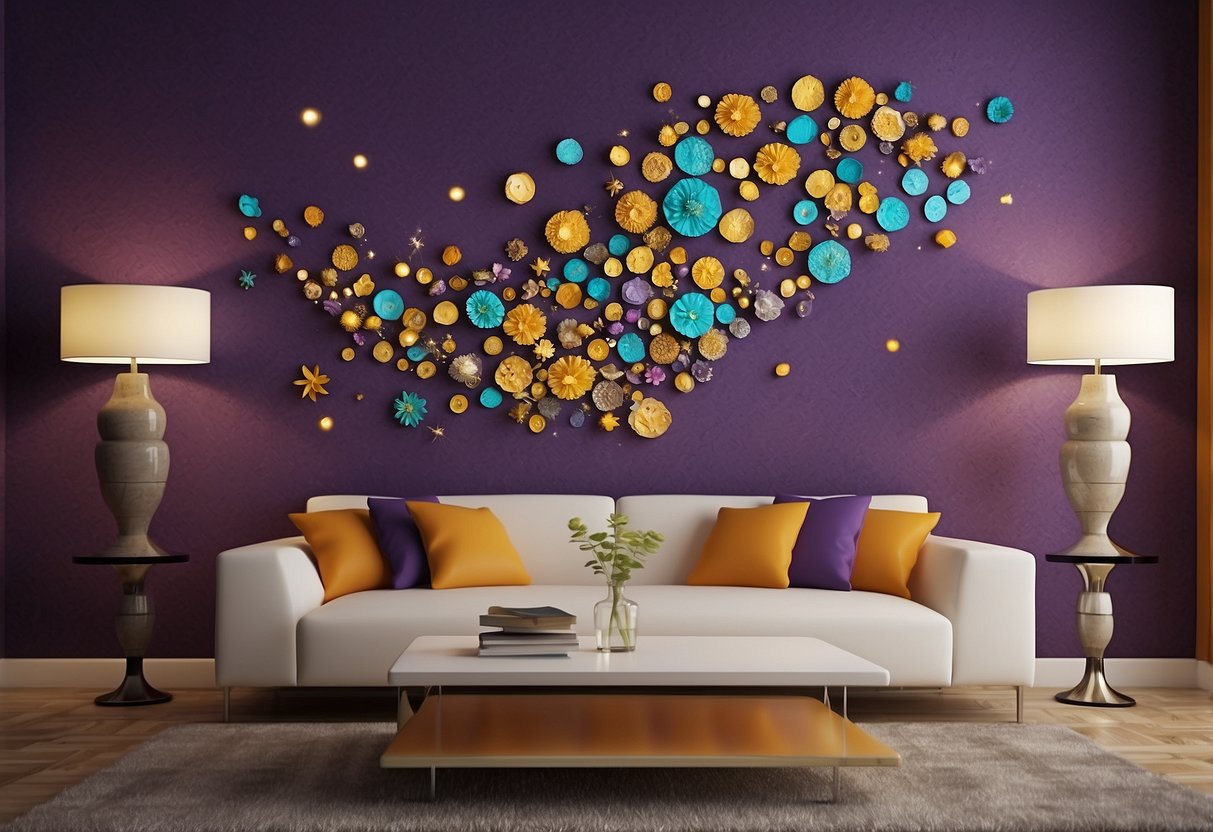 A living room wall adorned with colorful decals, transforming the space into a vibrant statement wall