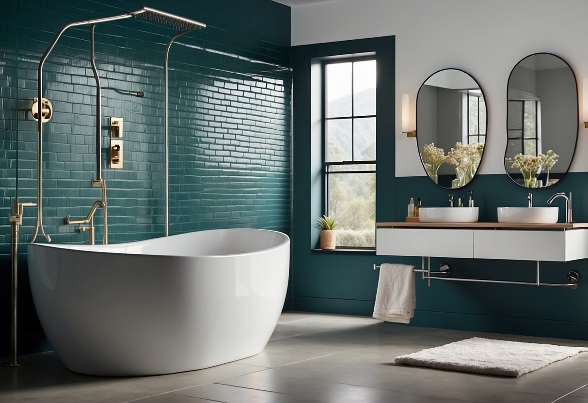 A modern bathroom with new fixtures: sleek faucet, clean-lined showerhead, and stylish towel hooks. Bright lighting and fresh paint complete the updated look