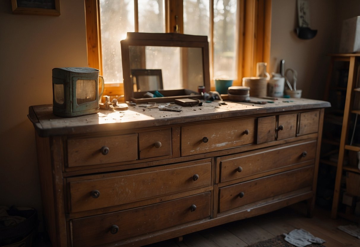 A worn-out dresser sits in a cluttered room. Sandpaper, paint, and brushes lay nearby. Sunlight streams through the window, illuminating the potential for a weekend furniture makeover