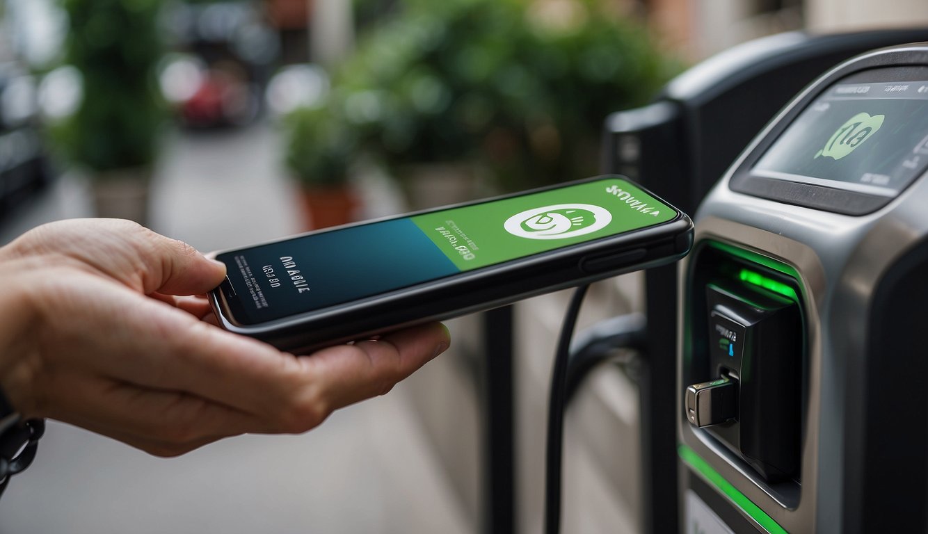 A hand holding a Suica card over a charging station, with a digital display showing the card's balance. Nearby, a person manages their card on a smartphone app