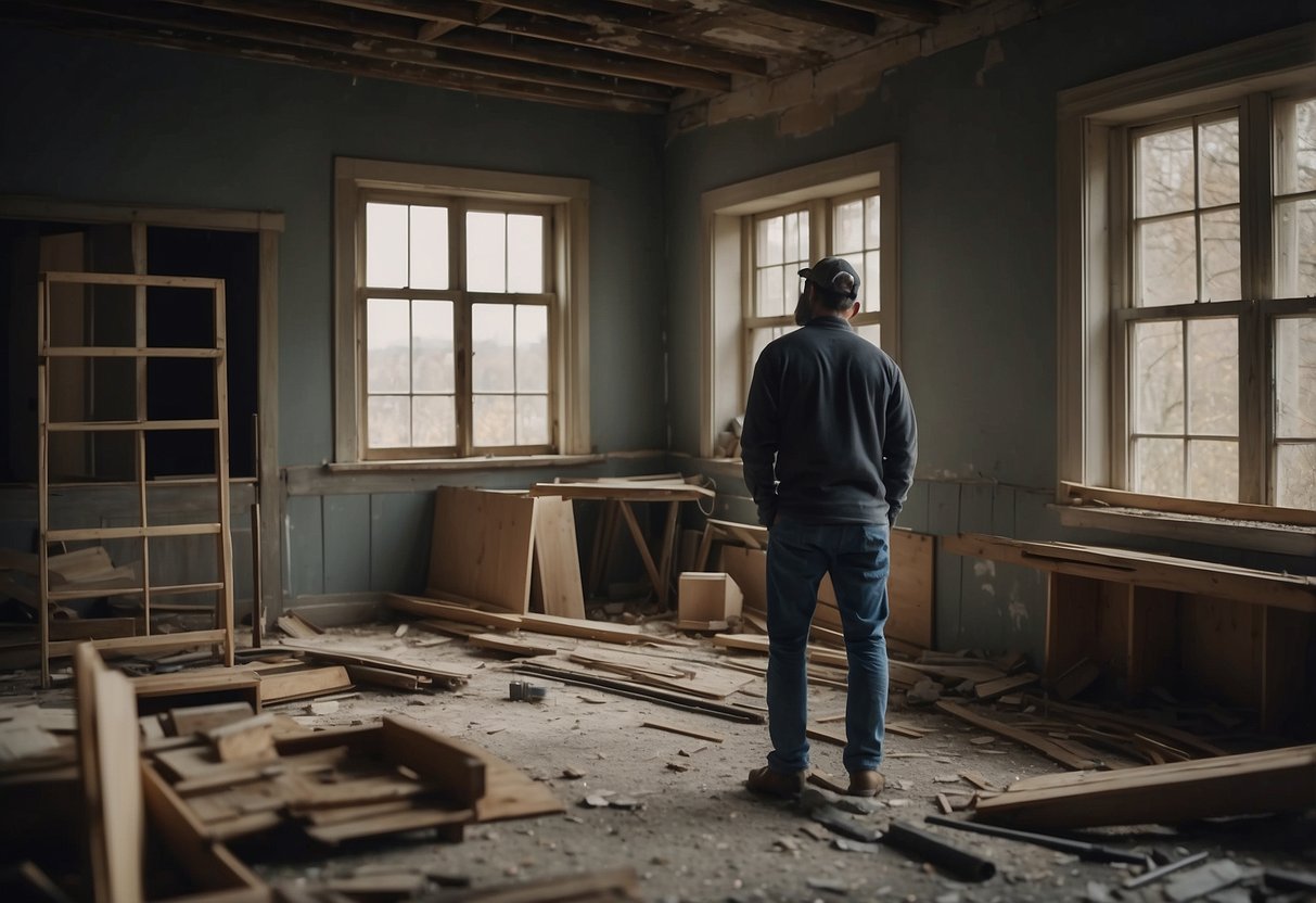 A dilapidated house with peeling paint and broken windows, surrounded by construction materials and tools. A contractor stands nearby, calculating renovation costs