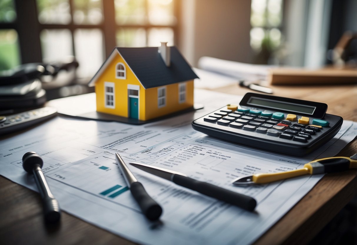 A house with tools, materials, and a budget spreadsheet, showing the process and costs of renovation