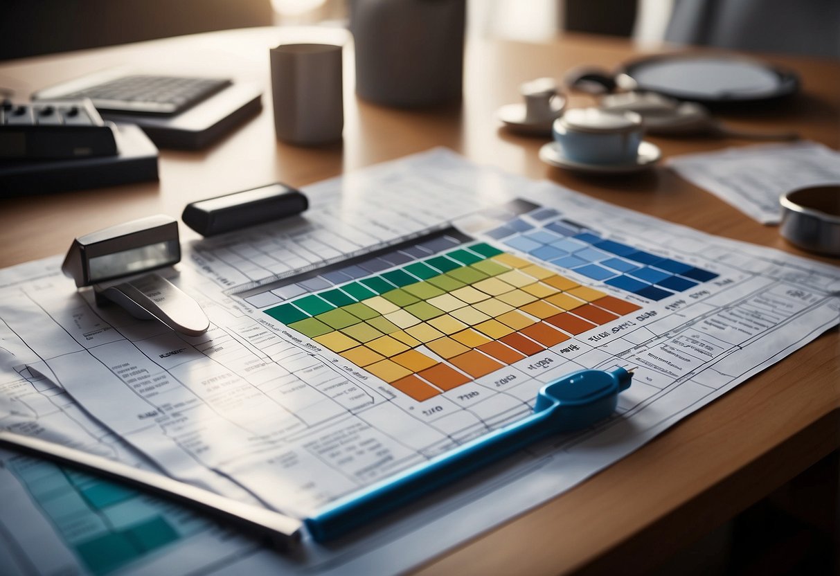 A budget spreadsheet with various renovation costs displayed on a table, surrounded by blueprints, paint swatches, and measuring tape