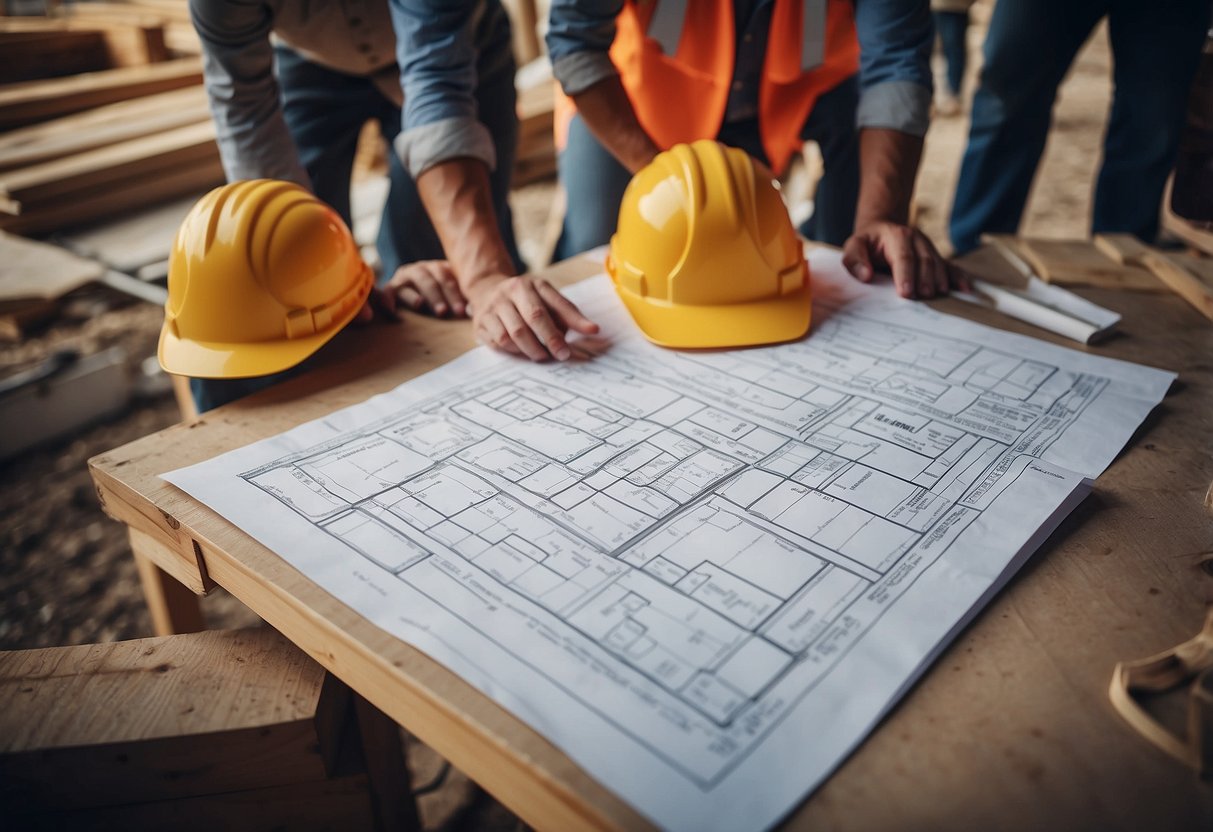 A construction site with blueprints, tools, and workers coordinating logistics and costs for a house renovation project