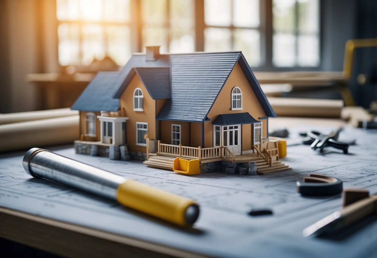 A house being renovated with construction materials and tools scattered around, workers busy at work, and a blueprint of the design displayed prominently