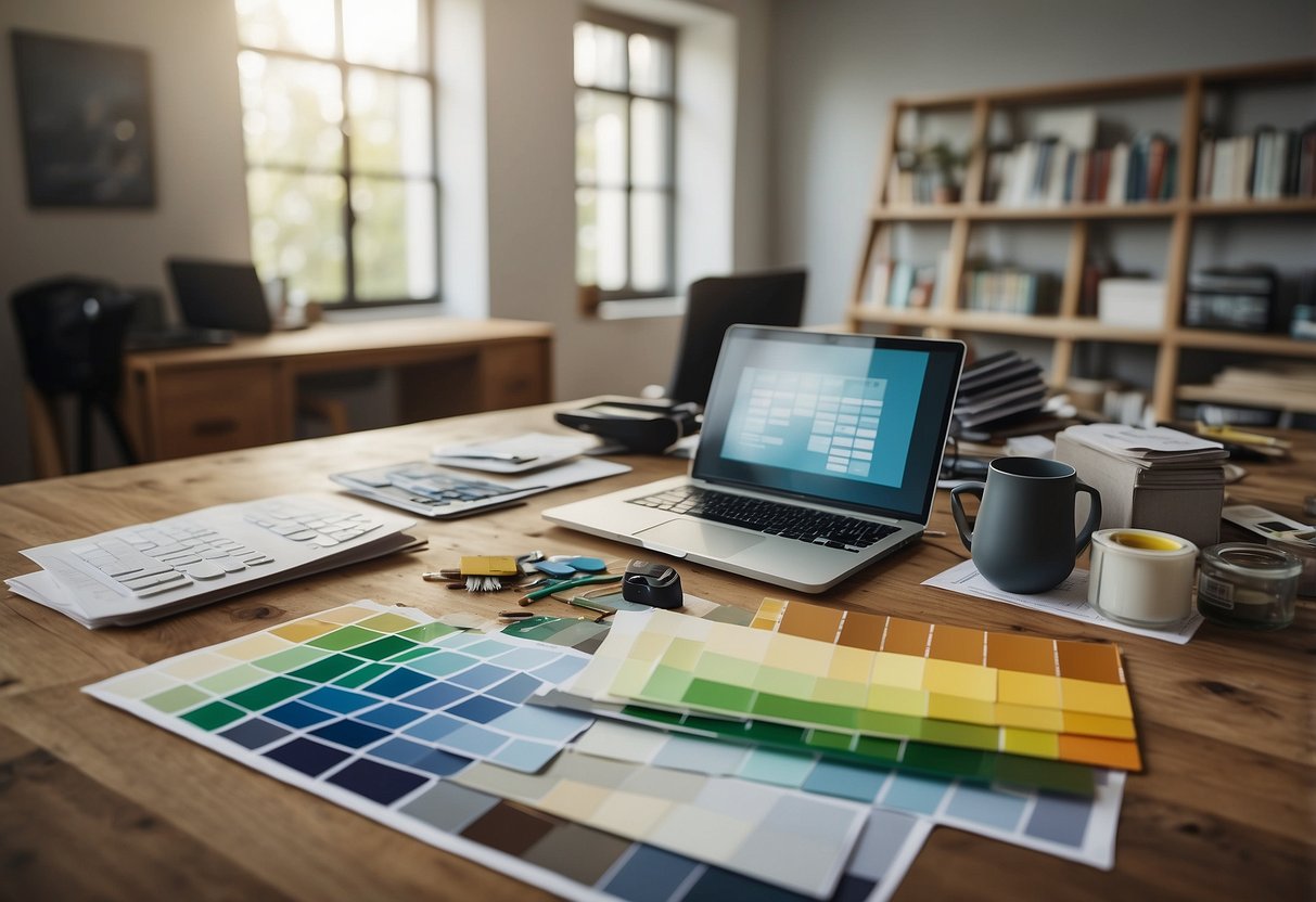 The room renovation costs are displayed on a table with a laptop, calculator, and paperwork. Paint swatches and flooring samples are scattered around