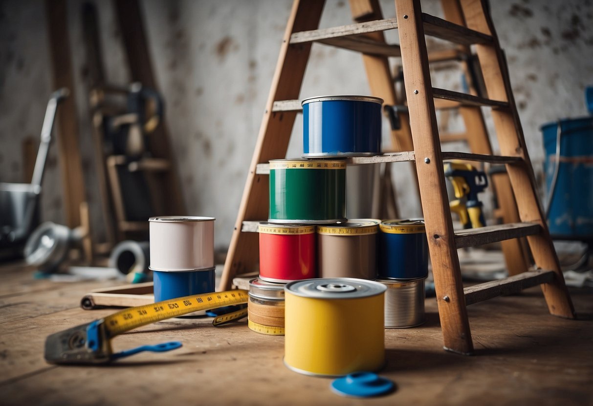 The room is filled with paint cans, brushes, and wallpaper samples. A ladder leans against the wall, and a tape measure sits on the floor