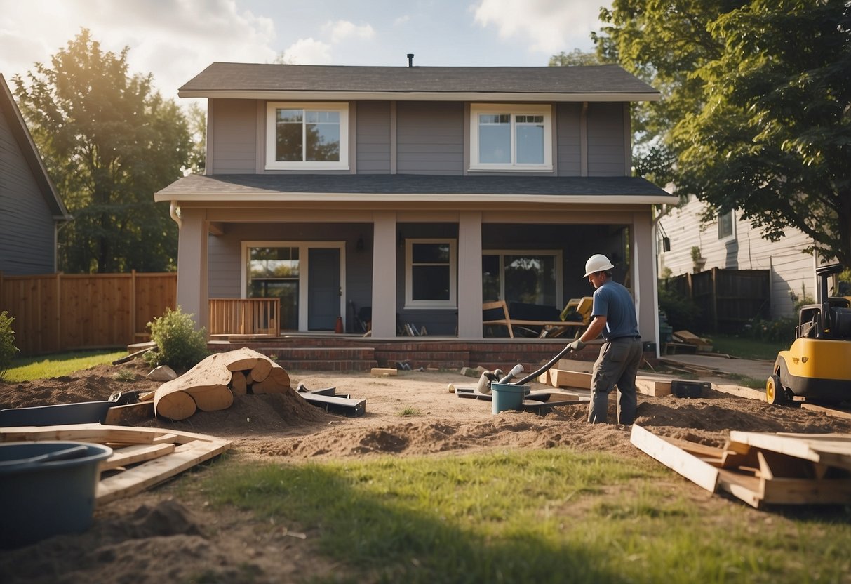 A house surrounded by construction materials and tools, with workers renovating the exterior and landscaping the yard