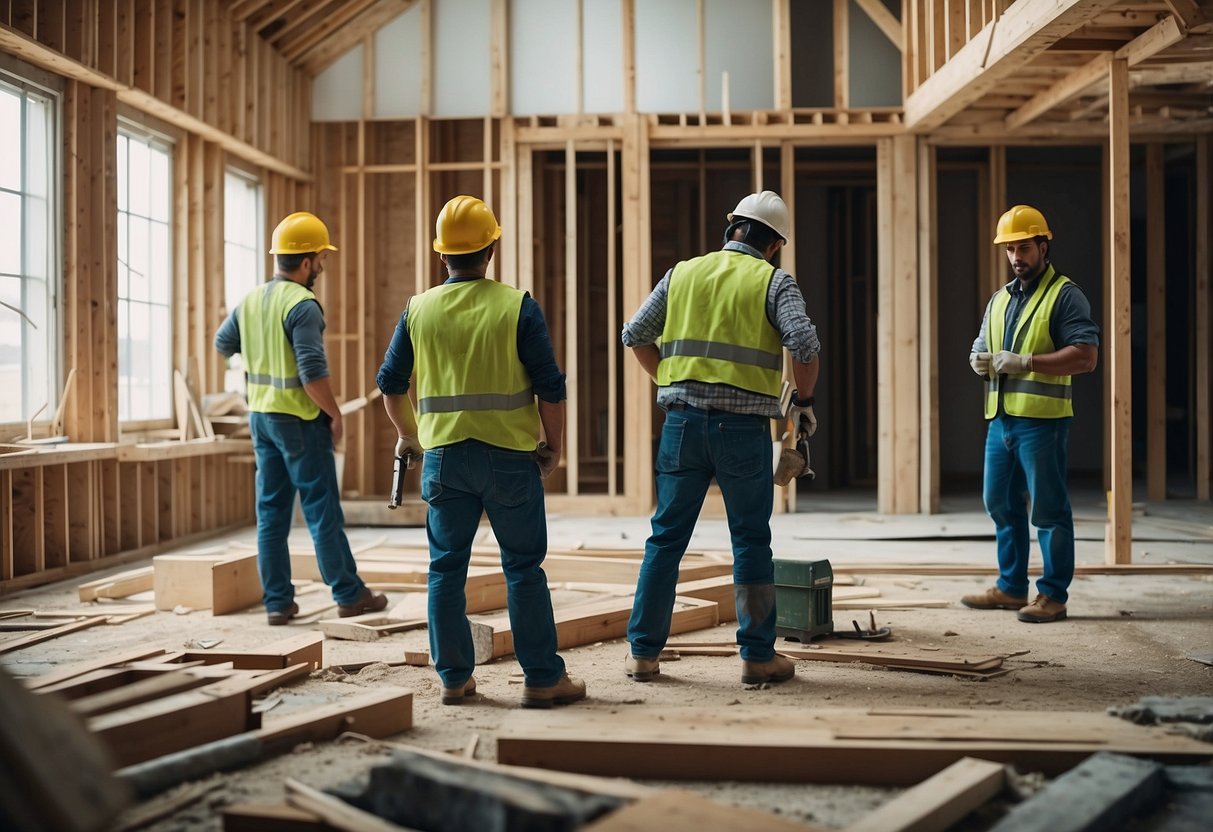 A house under renovation, with workers managing costs and materials