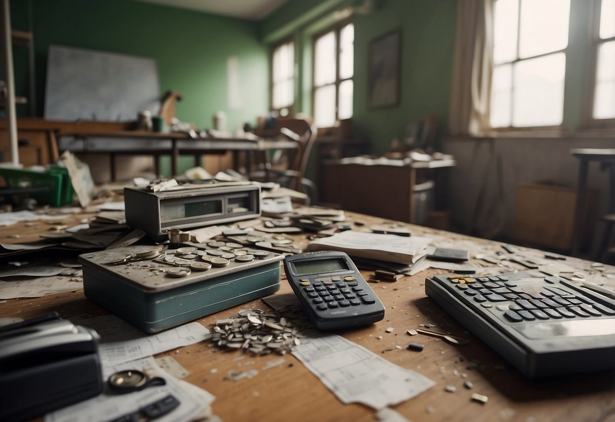 A cluttered room with peeling paint and worn-out furniture. A budget spreadsheet and renovation plans lay on a table. A calculator and measuring tape are scattered on the floor