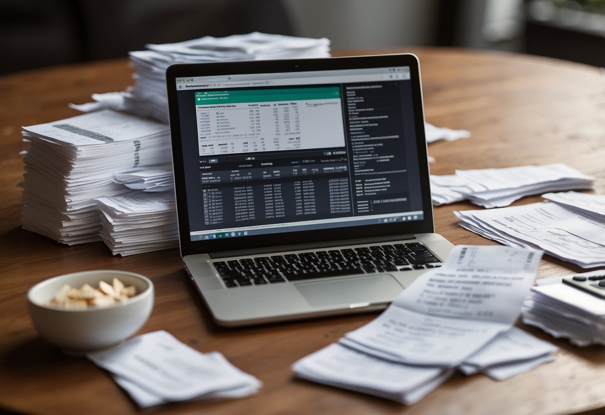 A table covered in receipts, invoices, and a calculator. A laptop displaying a spreadsheet with detailed renovation costs