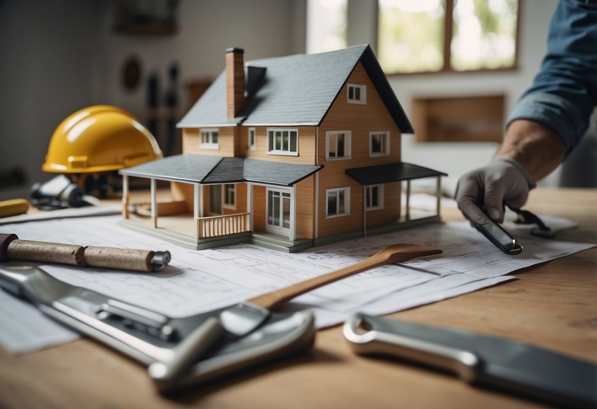 A house being renovated, with workers carrying tools and materials, while a homeowner looks over a list of frequently asked questions about renovation costs