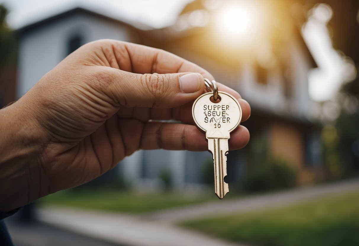 A hand holding a house key with a superannuation fund in the background, symbolizing the use of the First Home Super Saver Scheme to buy a house