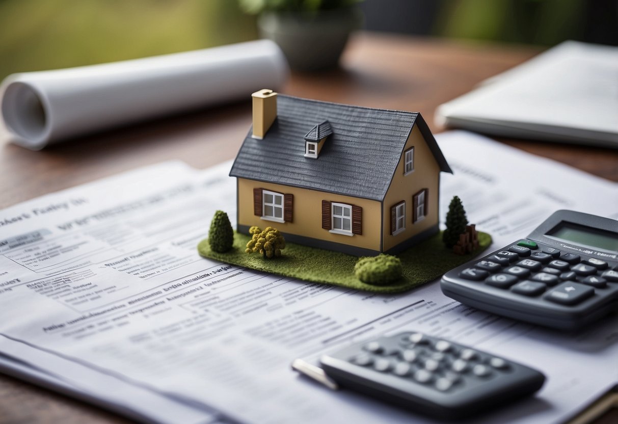 A person researching financial strategies with papers, calculator, and superannuation information, with a house in the background