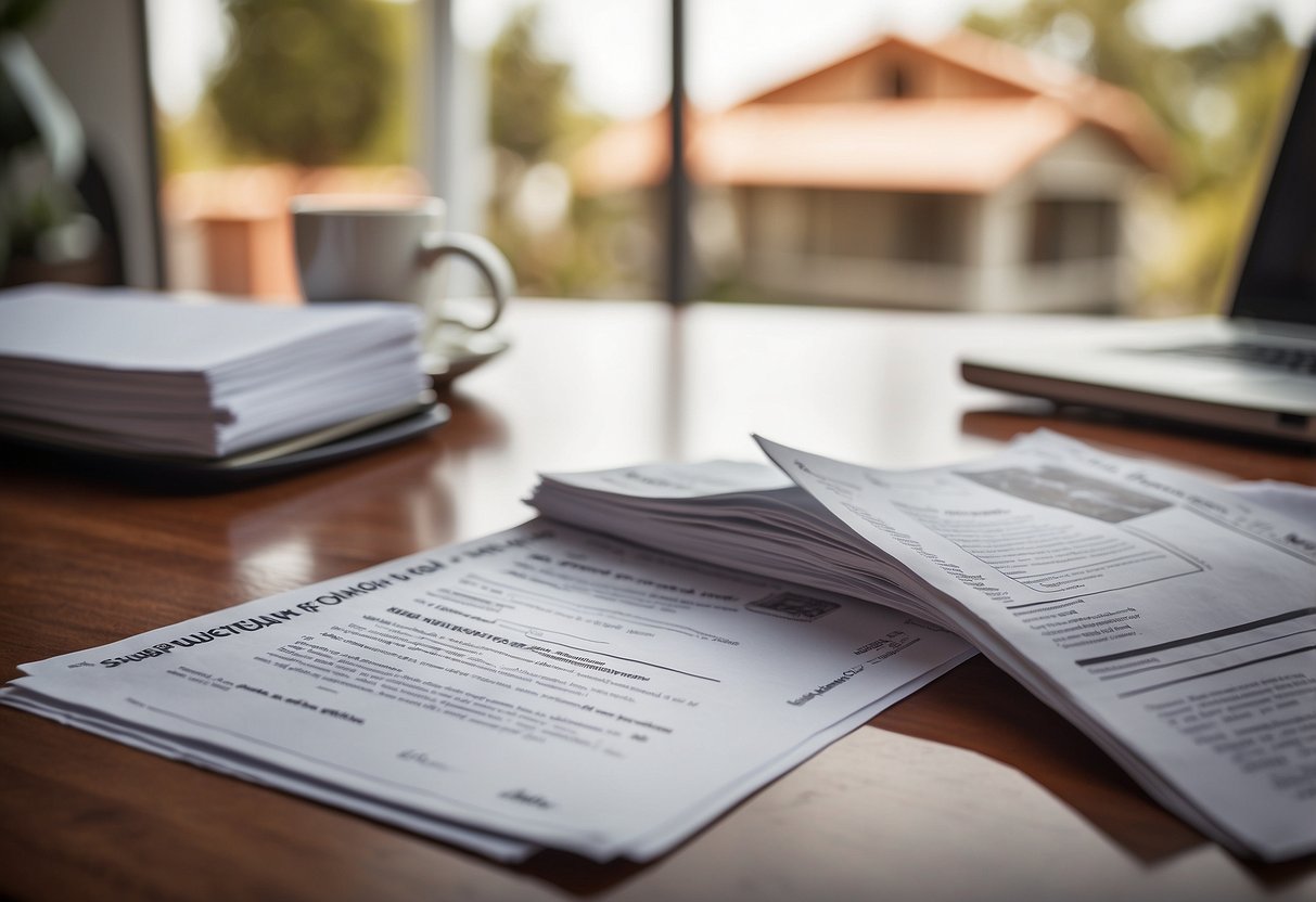 A stack of legal documents on a desk, with a house and a superannuation symbol overlaid, representing the use of superannuation to purchase a home