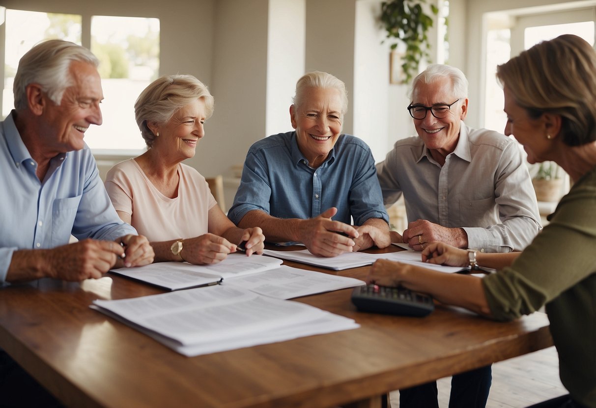 A group of people discussing and reviewing property listings, with documents and calculators spread out on a table. An older couple nods in agreement as they consider using their superannuation to purchase a house