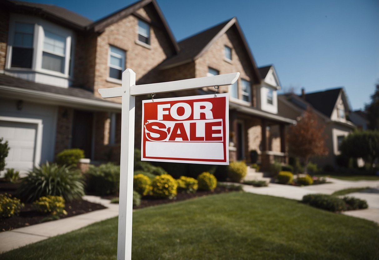 A family home with a "For Sale" sign in the front yard, surrounded by other similar houses in a suburban neighborhood