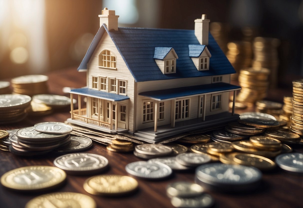 A house surrounded by financial icons (dollar signs, calculators, etc.) with arrows pointing towards and away from the house, representing factors affecting mortgage size and repayment