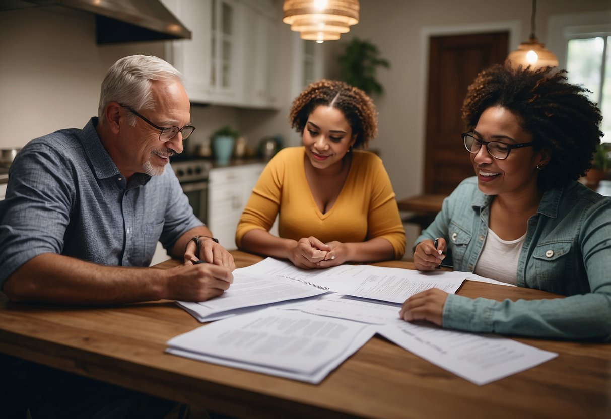 A family sits at a kitchen table, reviewing paperwork and discussing refinancing and managing their home loan. Financial documents and a laptop are spread out in front of them