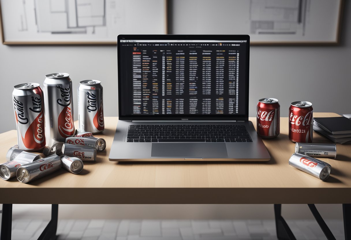 A laptop surrounded by empty Diet Coke cans, code on the screen, a web developer's desk cluttered with programming books and a Diet Coke poster on the wall